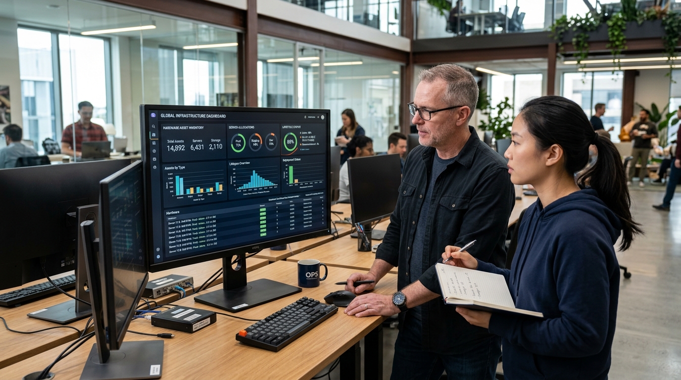 Enterprise IT Infrastructure Engineers Reviewing Hardware Assets and CMDB Telemetry
